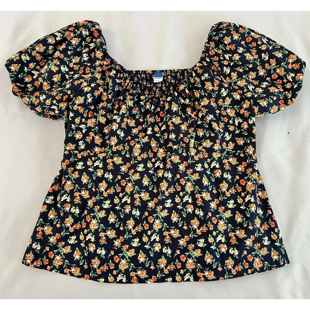Old Navy Floral Puff Sleeve Blouse Womens Sz Large Heart‎ Neck Multicolor